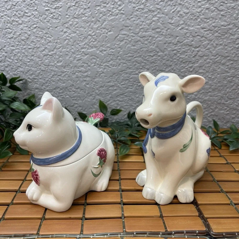 Vintage Lenox Poppies on Blue Cow Creamer Kitty Cat Sugar Bowl Barnyard Set 1998